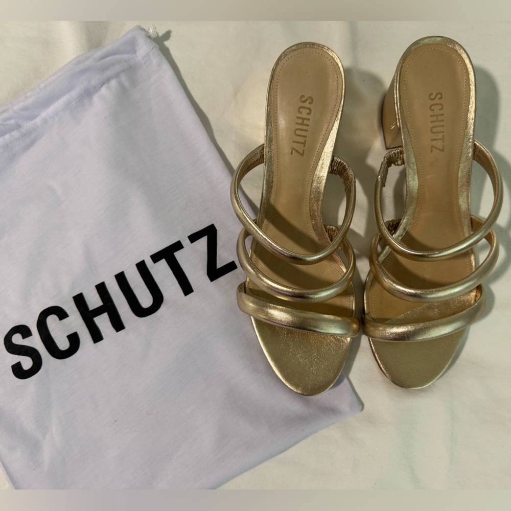 SCHUTZ Metallic Gold Strappy Block Heels